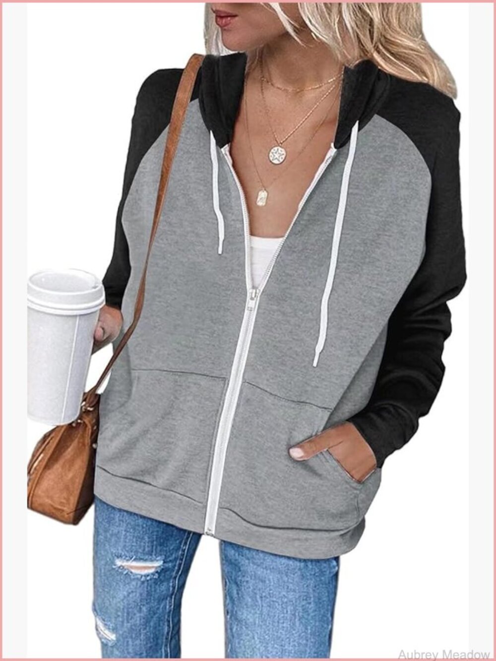 Color Block Zip Up Hoodie Sweatshirt Casual Jacket with Pockets